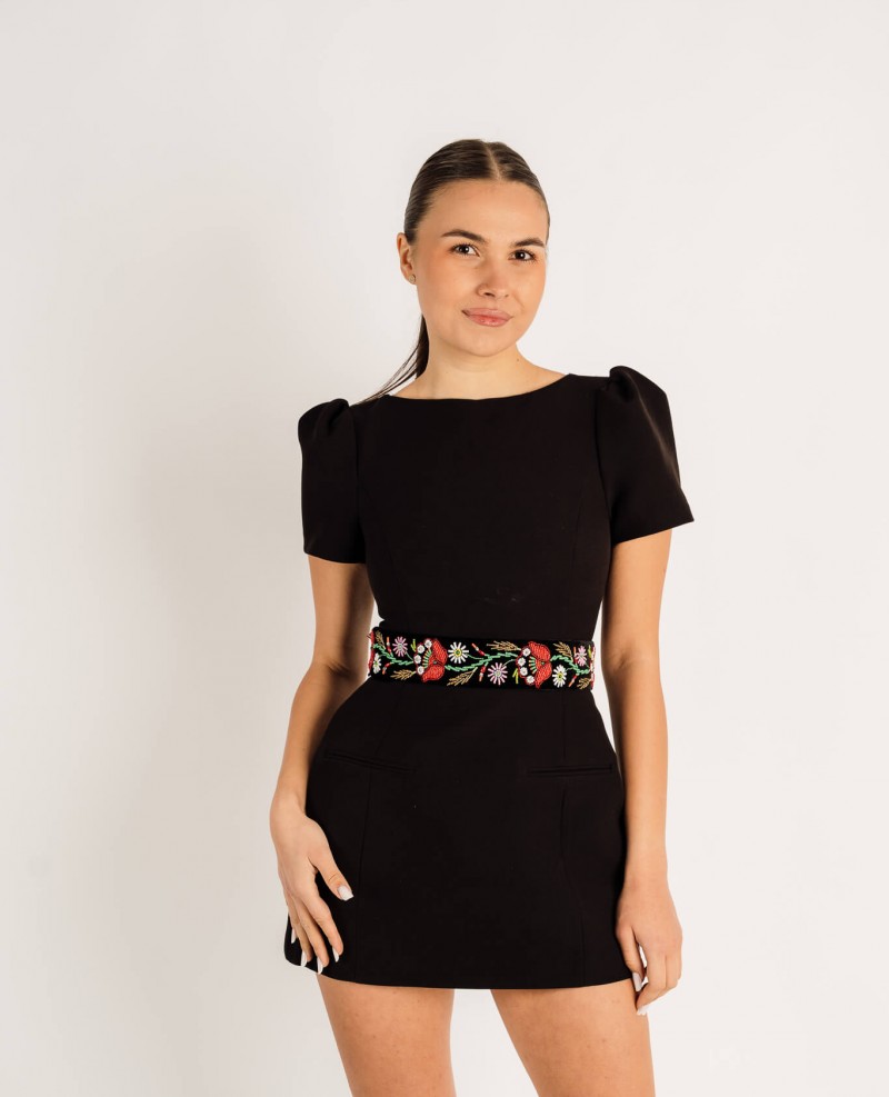 Brau cusut manual cu margele, motiv floral,  lat 6 cm , lungime 100 cm