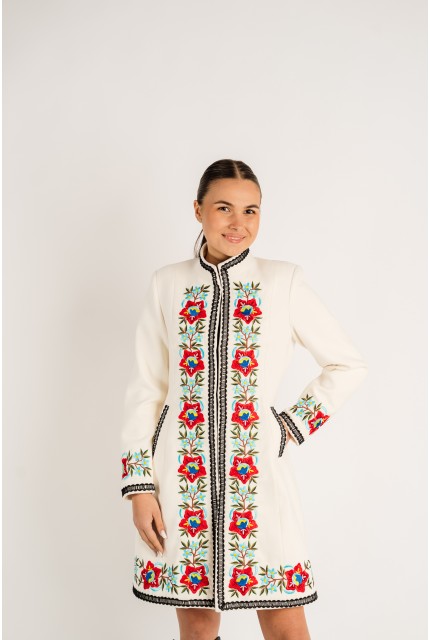 Palton Viorica Alb cu broderie florala