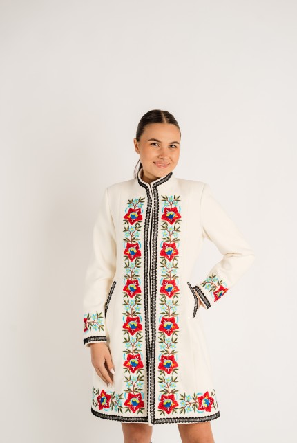 Palton Viorica Alb cu broderie florala