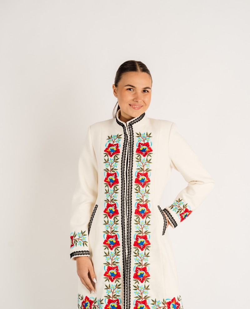 Palton Viorica Alb cu broderie florala