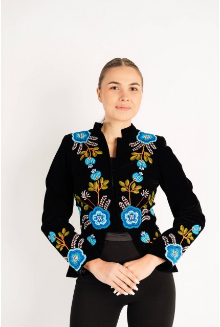 Sacou Virginia albastru din catifea, cusut manual cu motive florale