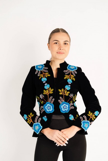 Sacou Virginia albastru din catifea, cusut manual cu motive florale