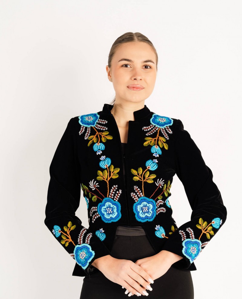 Sacou Virginia albastru din catifea, cusut manual cu motive florale