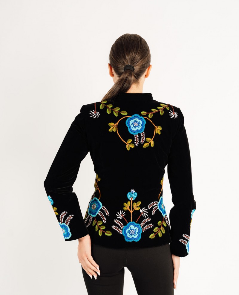 Sacou Virginia albastru din catifea, cusut manual cu motive florale