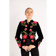 Sacou Virginia rosu din catifea, cusut manual cu motive florale
