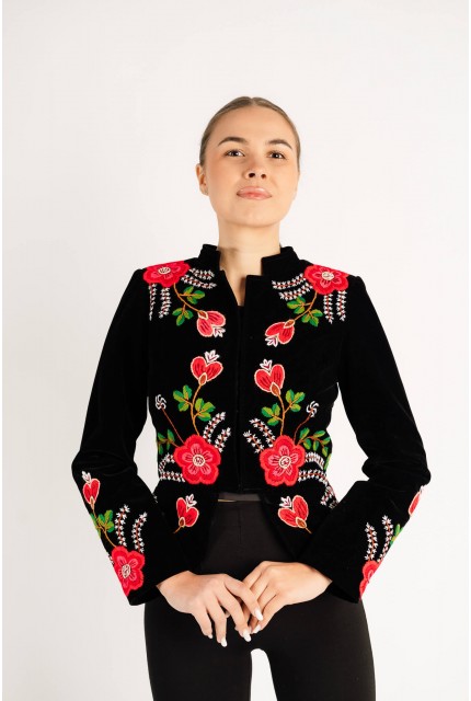 Sacou Virginia rosu din catifea, cusut manual cu motive florale