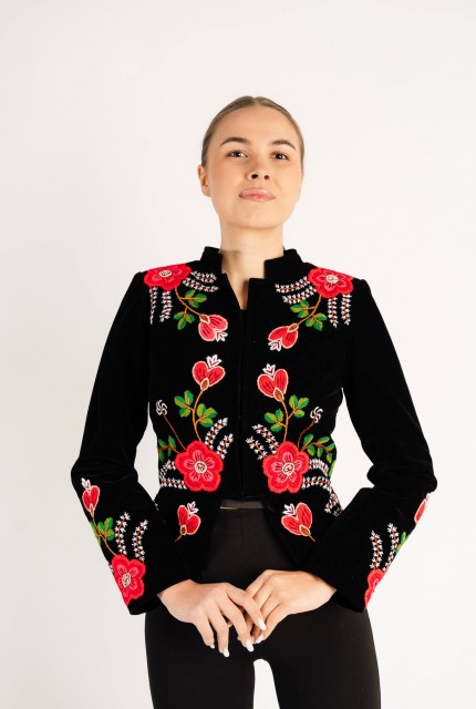 Sacou Virginia rosu din catifea, cusut manual cu motive florale