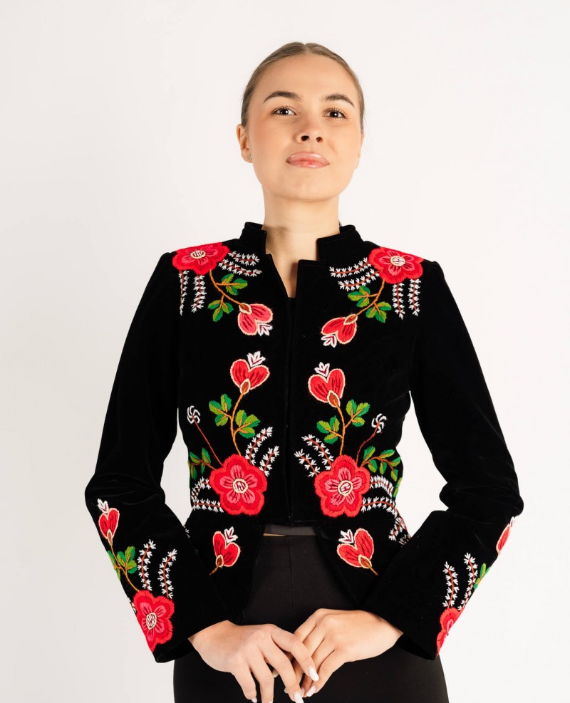 Sacou Virginia rosu din catifea, cusut manual cu motive florale