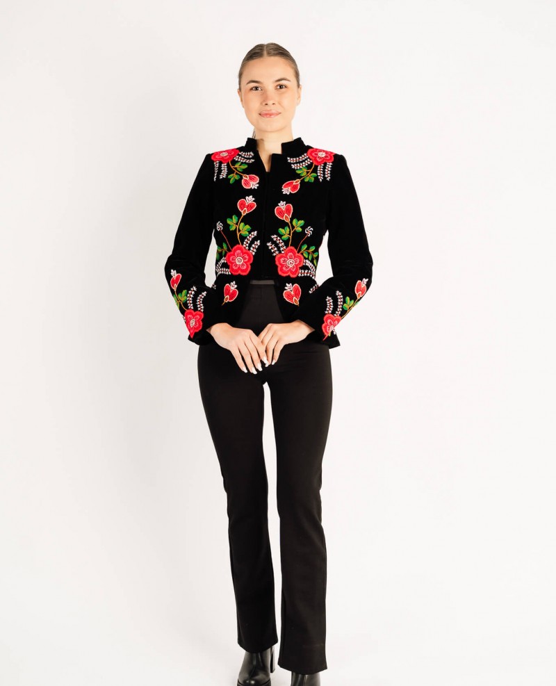 Sacou Virginia rosu din catifea, cusut manual cu motive florale