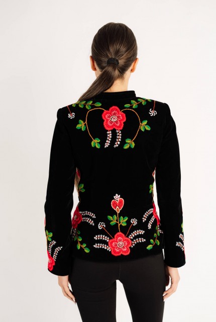 Sacou Virginia rosu din catifea, cusut manual cu motive florale