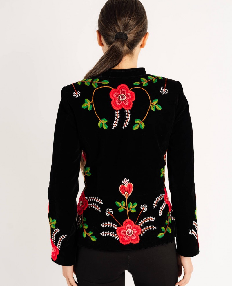 Sacou Virginia rosu din catifea, cusut manual cu motive florale